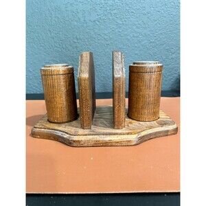 Vintage Oak Wood Napkin Holder Salt and Pepper Shaker Set USA Cornwall